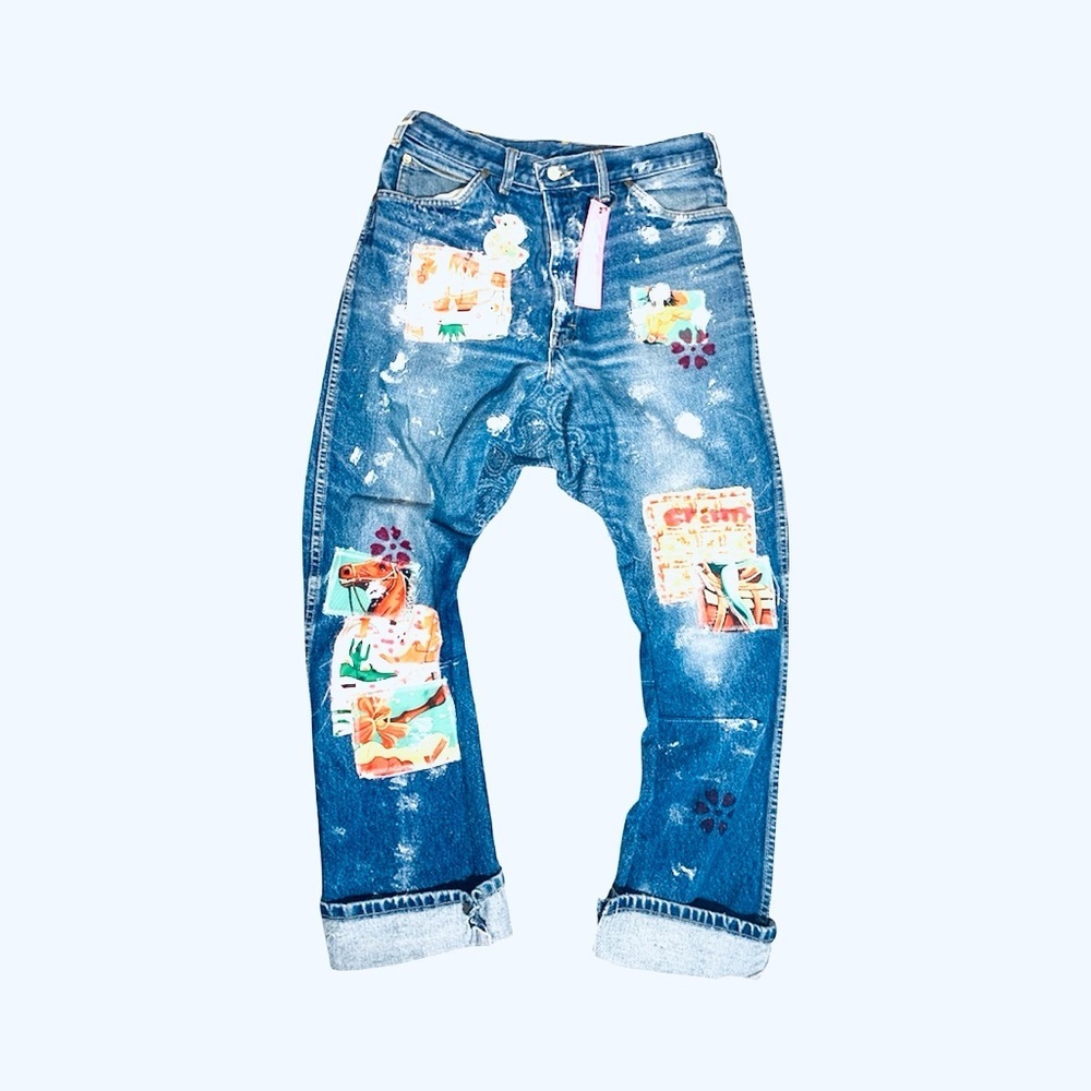Free People Blue Patchwork Boyfriend Jeans with Floral Accents